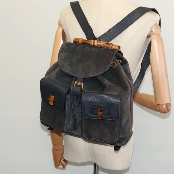 GUCCI Bamboo Backpack Suede Black Gold Auth main image 9